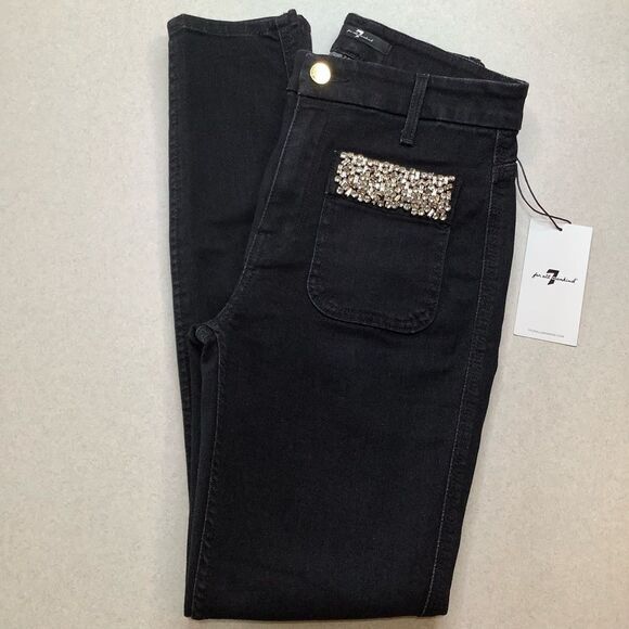 7 For All Mankind Jeans 25 High Waist Skinny Rhinestone Pocket Rinsed Bl… - Picture 1 of 7